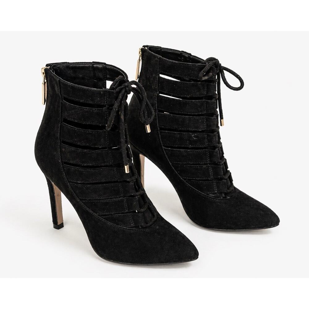 BCBGeneration Black Lace Up Heels Size 7M Stiletto Ankle Booties Zip